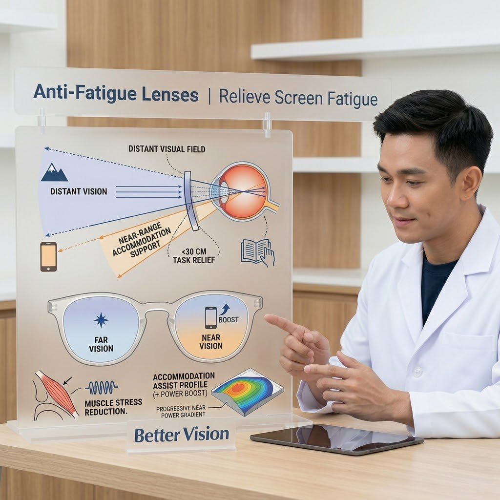 Doctor explaining anti-fatigue lenses with a diagram in a clinic setting