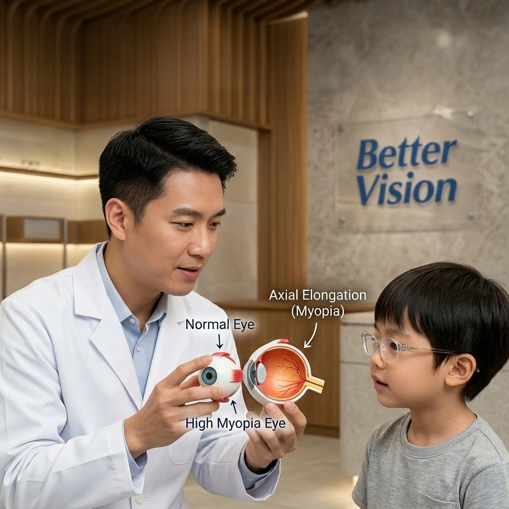 Doctor explaining high myopia to a child using models in a clinic setting.
