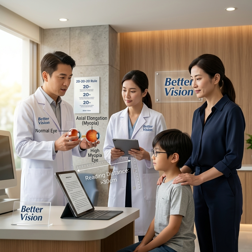 Optometrists with a child and a woman in a vision clinic setting, discussing eye health.