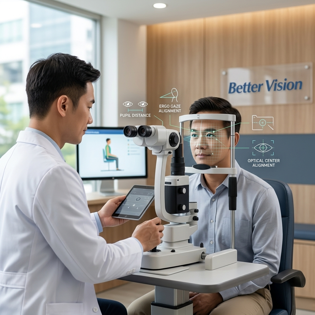 Ophthalmologist examining a patient with eye care equipment in an office setting.
