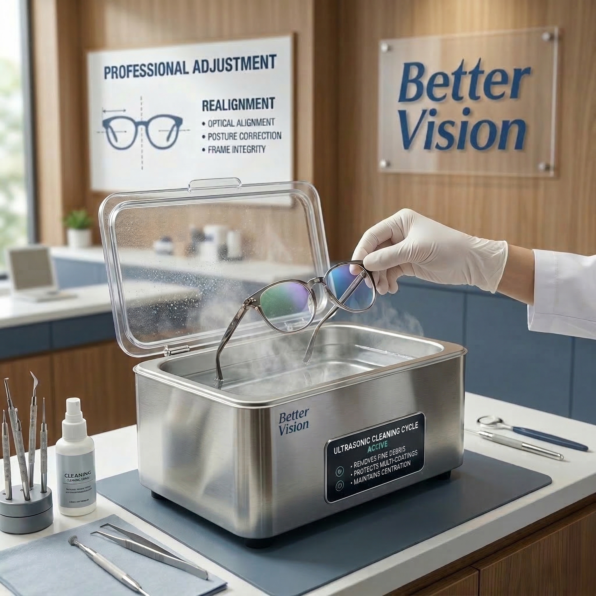 Professional eyeglasses maintenance using ultrasonic cleaning for lenses and frames at Better Vision