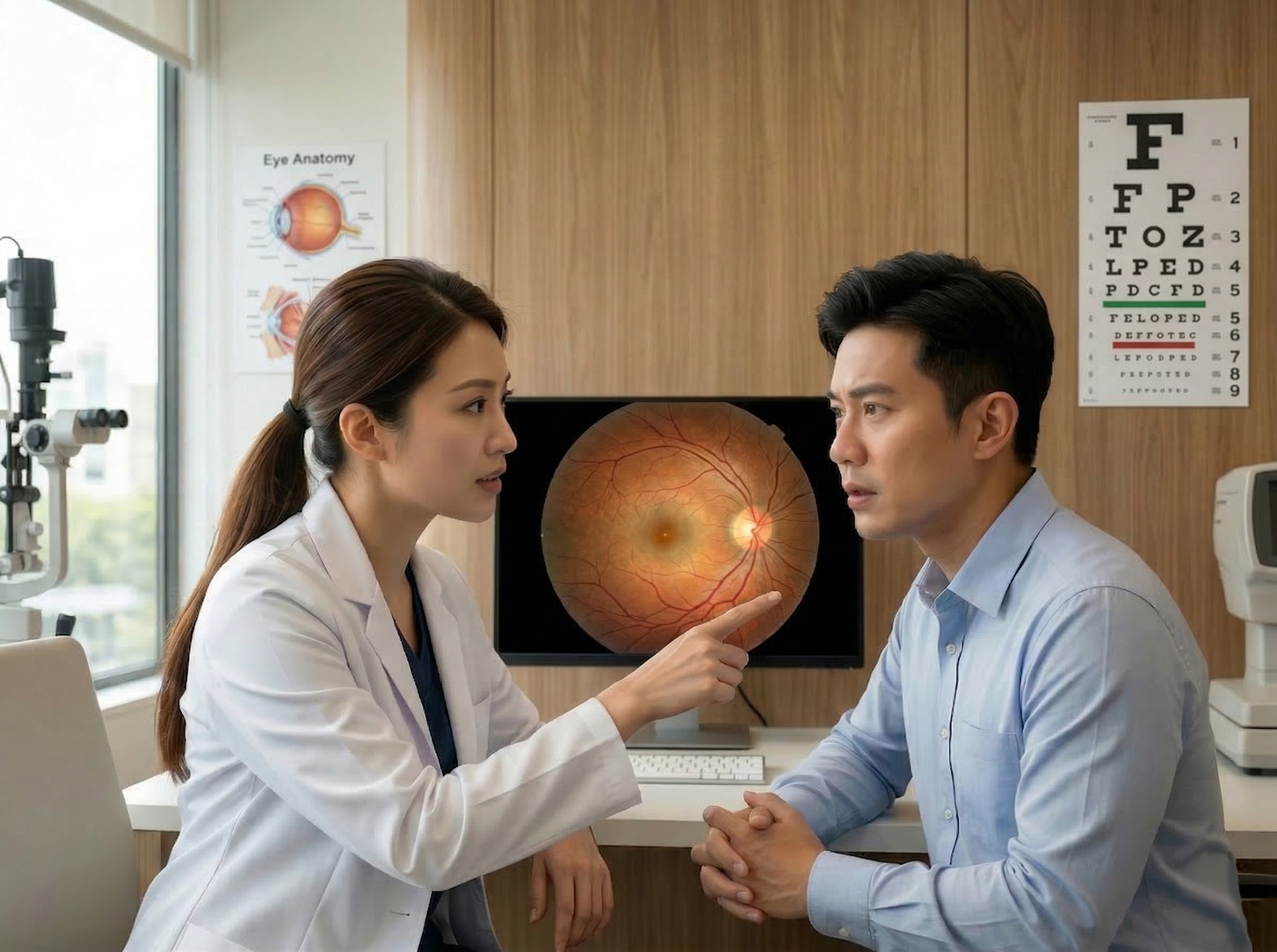 Doctor explaining eye examination results to a patient in an ophthalmology office.